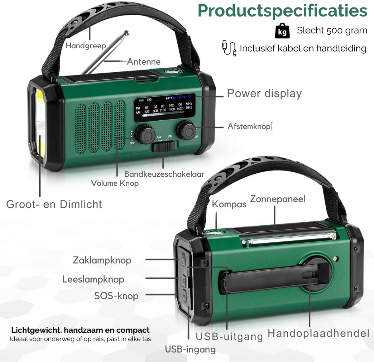 P-Repair - Noodradio - Opwindbare radio - Solar Opwindbaar - Powerbank Zonne-energie - 10.000mAh - Met zaklamp - USB oplader - USB-C oplader - Groen – foto 7