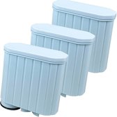 Drie lichtblauwe waterfilters op een rij, met verticale ribbels.