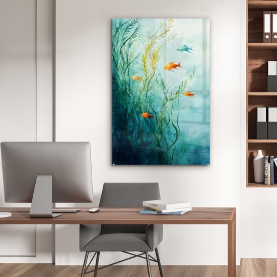 MuchoWow® Glasschilderij 60x90 cm - Schilderij acrylglas - Waterplanten - Vissen - Kleurrijk - Water - Foto op glas - Muurdecoratie woonkamer - Wanddecoratie slaapkamer - Schilderijen