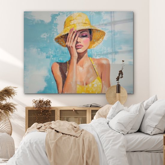 MuchoWow® Peinture sur verre 160x120 cm - Peinture sur verre acrylique - Peinture - Femme - Chapeau - Jaune - Photo sur verre - Décoration murale salon - Décoration murale chambre - Peintures