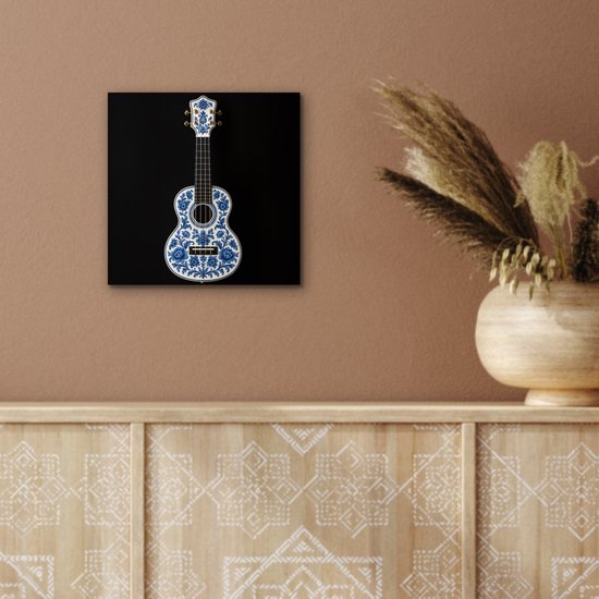 Aluminium schilderij 20x20 cm - Wanddecoratie metaal - Ukelele - Delfts - Blauw - Muziek - Metalen muurdecoratie woonkamer - Decoratie industrieel - Foto op dibond - Industriële accessoires slaapkamer