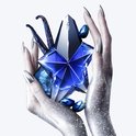Geglitterde handen houden een blauw Mugler Angel Stellar parfumflesje vast, omringd door vanillepeulen en macarons.