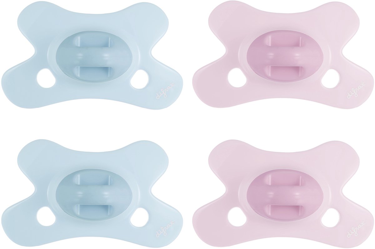 Goedkoopste Difrax Dental Fopspeen 0 tot 6 Maanden - Lichtblauw, Grijs, Lichtroze, Bruin - 4 Stuks, Siliconen Orthodontische Speen