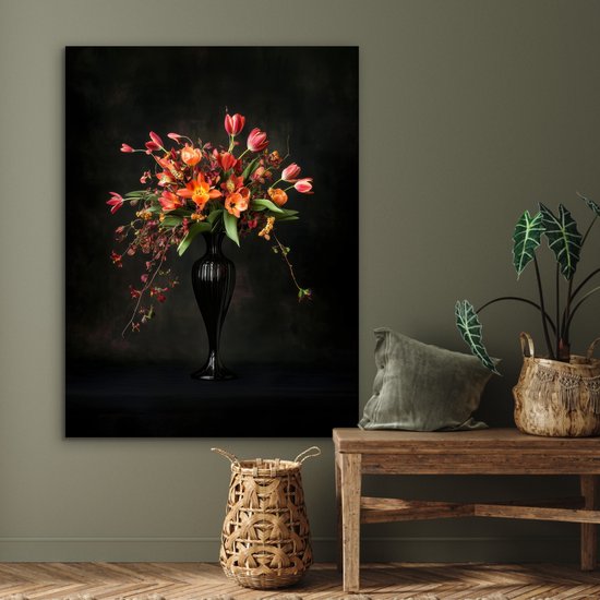 Aluminium schilderij 90x120 cm - Wanddecoratie metaal - Sierlijk - Boeket - Vaas - Metalen muurdecoratie woonkamer - Decoratie industrieel - Foto op dibond - Industriële accessoires slaapkamer