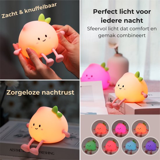 Kinder Nachtlampje - Perzik - Veilig voor Kinderen - Nachtlampje Baby - Zacht Siliconen - Dimbaar - Telefoonhouder - Draadloos - Babykamer Verlichting - RGB Kleuren - USB Oplaadbaar - LED - Slaaphulp - Duurzaam - Bedlampje - Kindvriendelijk - Fruit van Dooky — afbeelding 2
