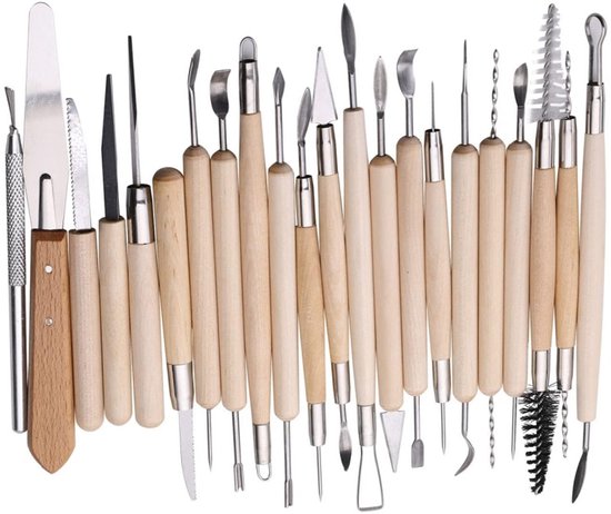 22-Pack - Klei-beeldhouwgereedschappen - Pottenbakkers-beeldhouwgereedschappen - Pottenbakkers- en keramieksets - Klei-gereedschappen met houten handvatten - voor klei, keramiek, aardewerk, kunstwerken