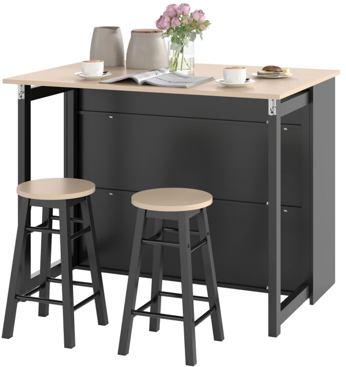 Bartafel keuken - Bartafel Set - Barkruk - Barstoel - Keukenstoel - Voetsteun - Zwart