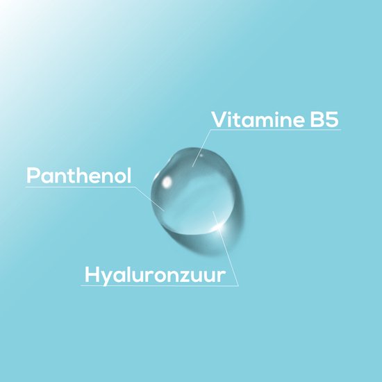 Druppel serum met tekst: Vitamine B5, Panthenol, Hyaluronzuur.