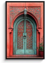 Poster in lijst - Fotolijst 80x120 cm - Posters - Lantaarn - Deur - Turquoise - Posterlijst zwart - Decoratie - Wanddecoratie woonkamer - Muurdecoratie slaapkamer