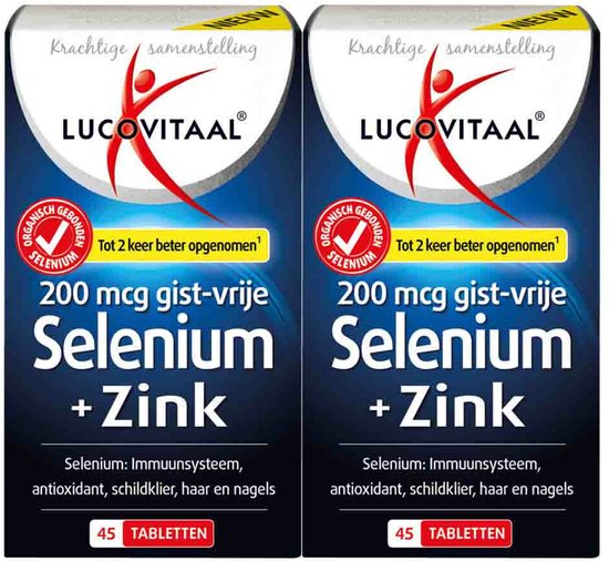 Twee dozen met 'Lucovitaal' logo en rode figuur. Text: 200 mcg gist-vrije Selenium + Zink. 45 tabletten.