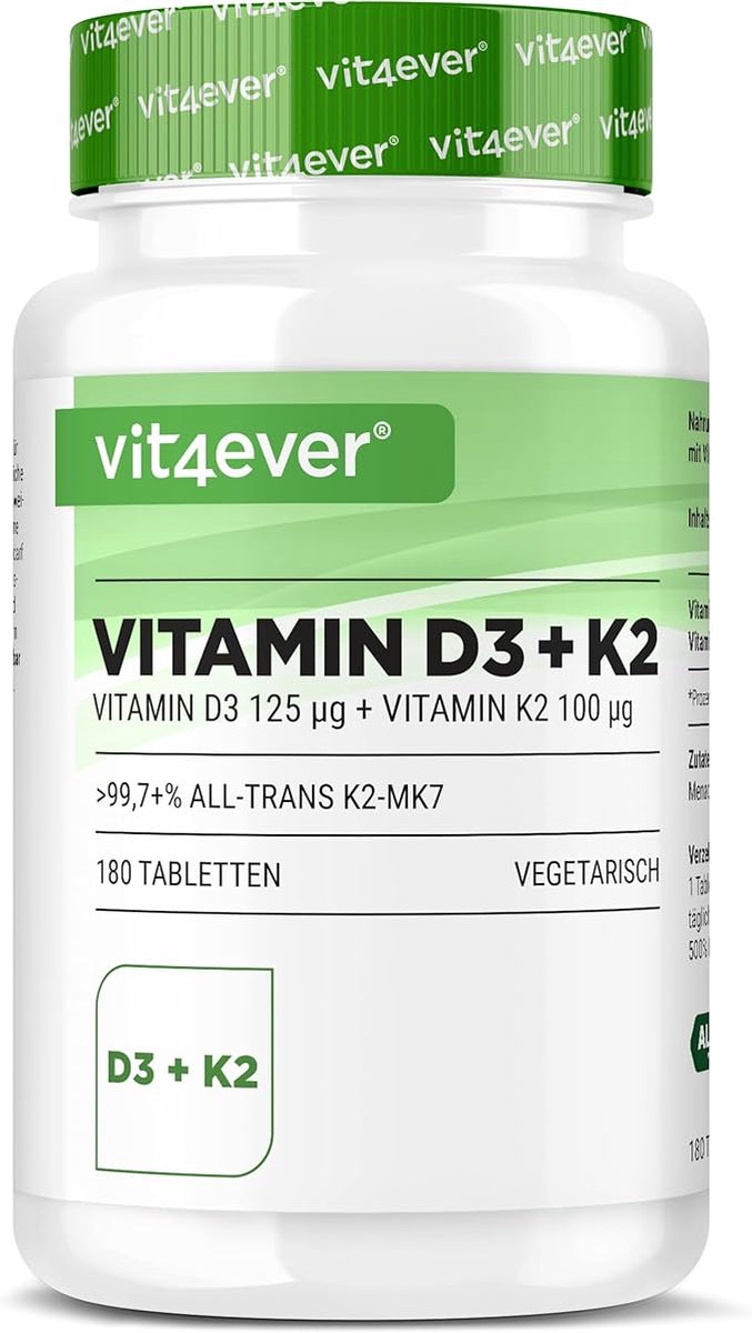 Vit4ever - Vitamin D3 + K2 - Voedingssupplement - 5.000 I.E. per tablet - 100 mcg K2 - 180 Tabletten