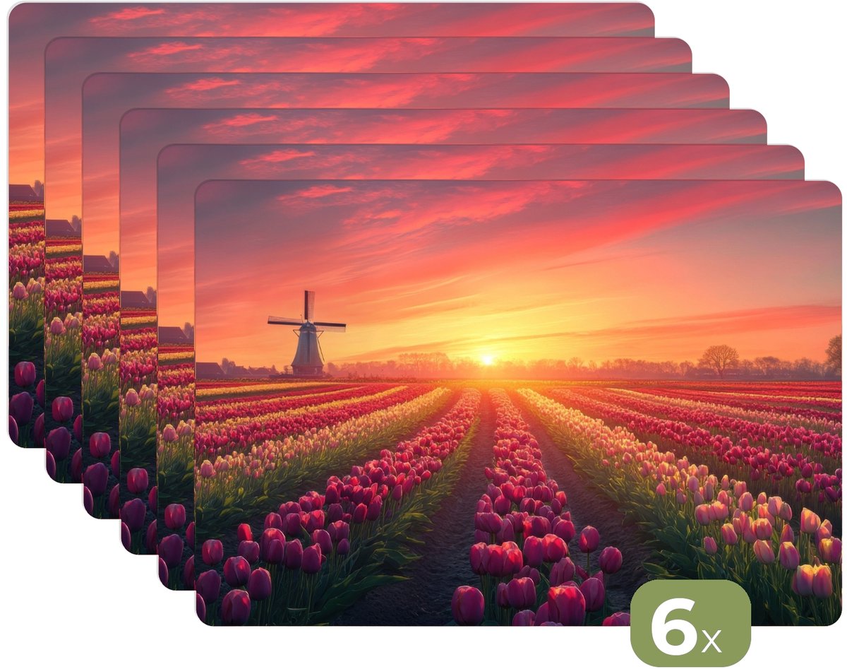Placemats - 6 stuks - 45x30 cm - Placemat kunststof - Windmolen - Zonsondergang - Landschap - Borden onderleggers - Decoratie voor op tafel - Keuken tafeldecoratie accessoires - Vinyl onderlegger - Tafelversiering