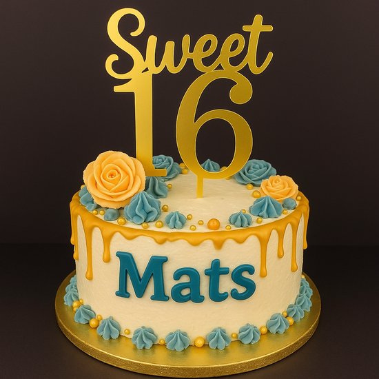 Gouden Taartdecoratie – Getal 16 Met Strass Steentjes, 18 Cm Hoog, Voor Sweet 16, Bruiloft En Verjaardag