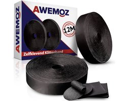 AWEMOZ Klittenband Zelfklevend - 2x12 Meter Lang - Velcro Zwart - Extra Sterk