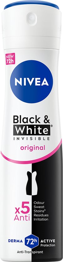 NIVEA Black & White Invisible Original anti-transpirant deodorant spray, met 72H actieve bescherming.