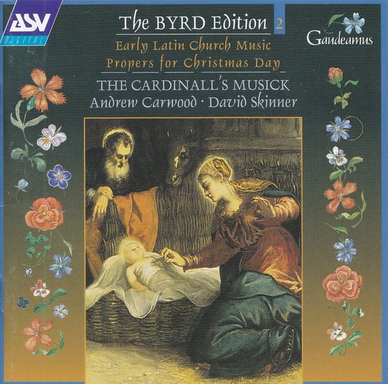 Albumhoes "The Byrd Edition 2" met schilderij van de geboorte, bloemenkrans en tekst.
