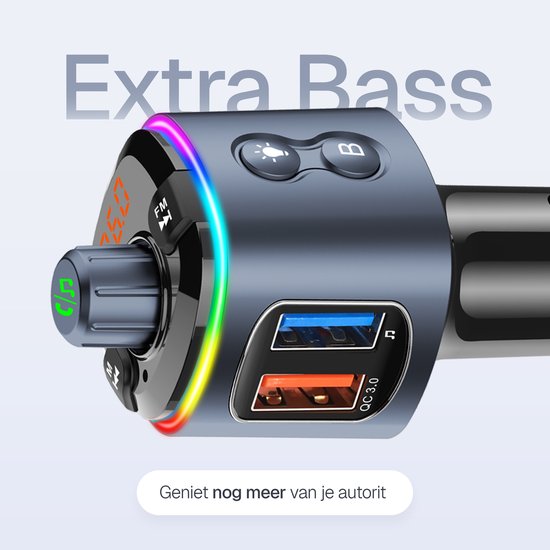 Grijze Wegman Bluetooth FM-zender met extra basfunctie, twee USB-poorten en gekleurde LED-verlichting.