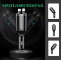 Zwarte autolader met verstelbare richting en uitschuifbare kabels.