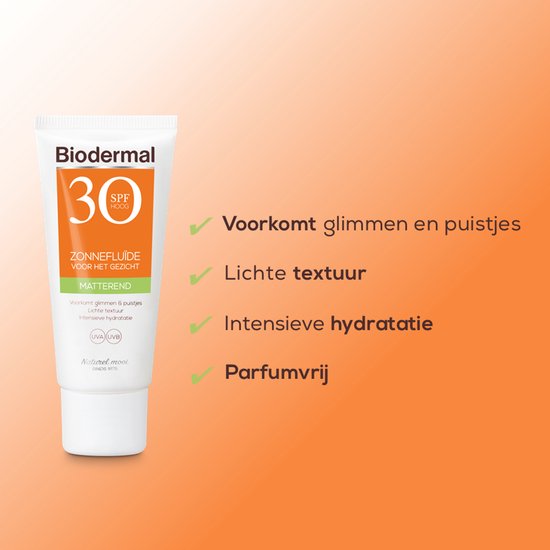 Biodermal Zonnebrand -  Matterende Zonnefluïde voor het gezicht SPF 30 - 40ml - Voorkomt glimmen en puistjes