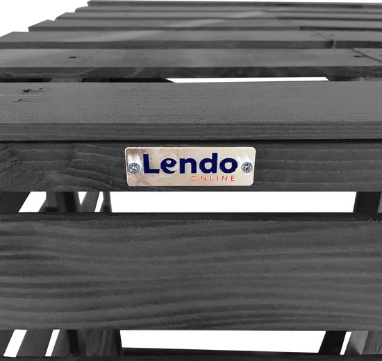 Metalen merkplaatje met Lendo Online logo op een grijze houten containerberging.