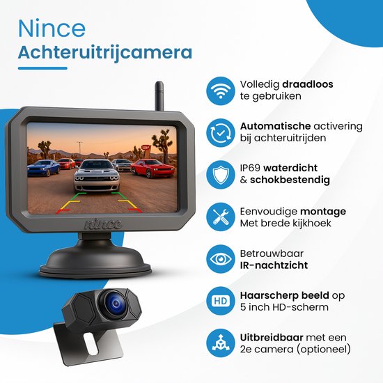 Nince Achteruitrijcamera – 5 Inch Scherm – IR Nachtzicht – Eenvoudige Installatie – Voor Auto, Camper & Caravan – Achteruitrijcamera Draadloos Signaal – Waterdicht