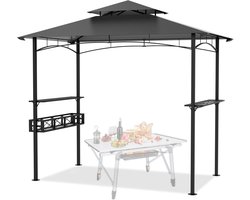 BBQ-grillpaviljoen met dubbel dak, grillpaviljoen met 2 zijplanken, 1 metalen mand, een rij haken, weerbestendig, grilloverkappingen, grillonderdak, zwart en grijs, voor tuinfeest