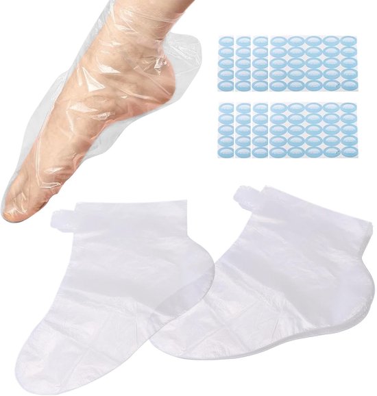 200 chaussons jetables en plastique transparent avec 200 autocollants pour une bonne fermeture lors des pédicures des pieds, des traitements de cire chaude au spa