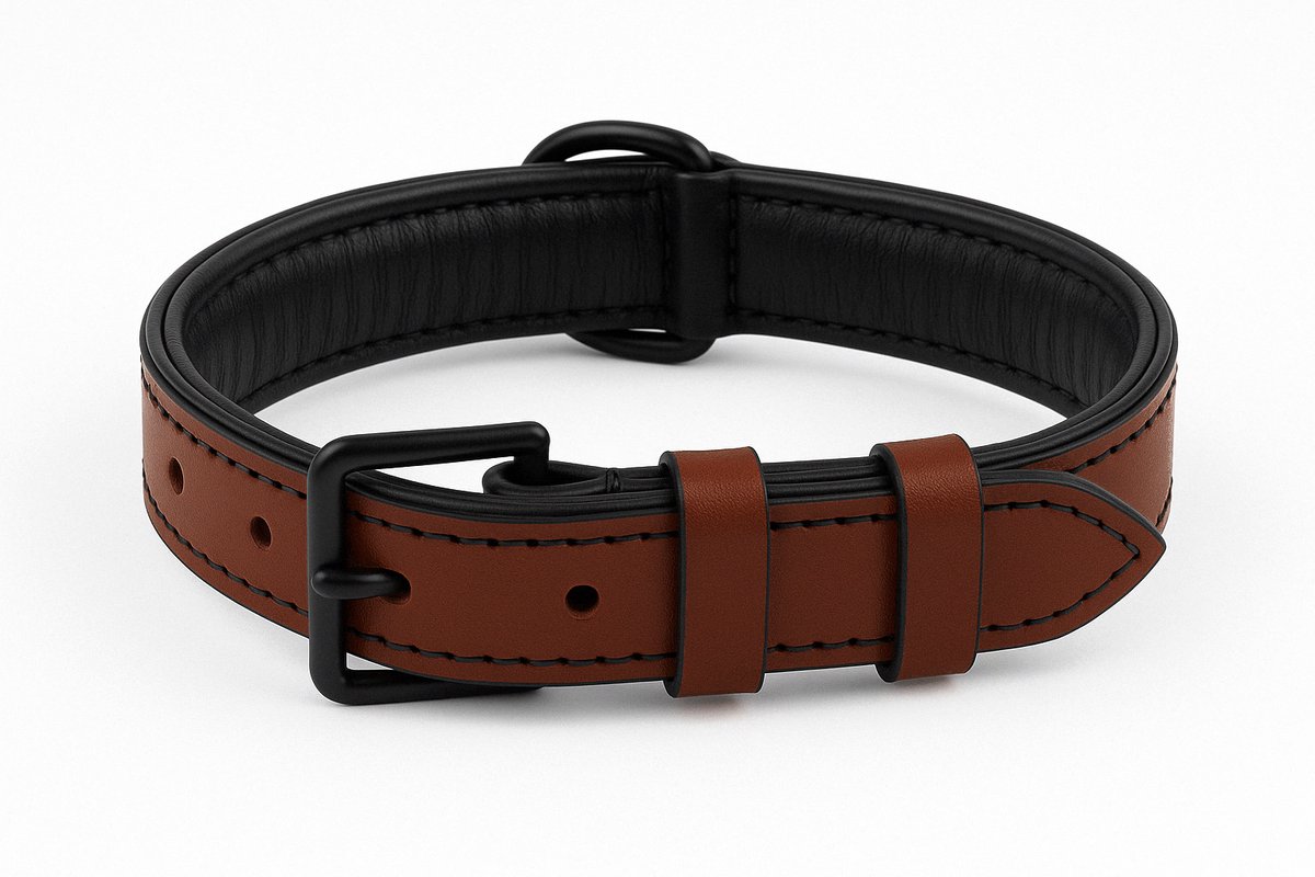 Bol.com Brute Strength - Luxe leren halsband hond - Bruin met zwarte stiksels - M - (36 - 43 cm) x 2,5cm - honden halsband - hon... aanbieding