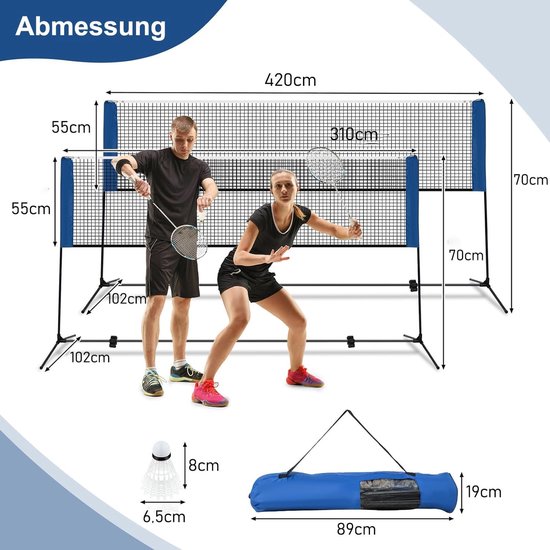 Filet De Badminton Portable Avec Support Réglable – 420 Cm, Hauteur Ajustable, 2 Volants Et Sac De Transport Inclus