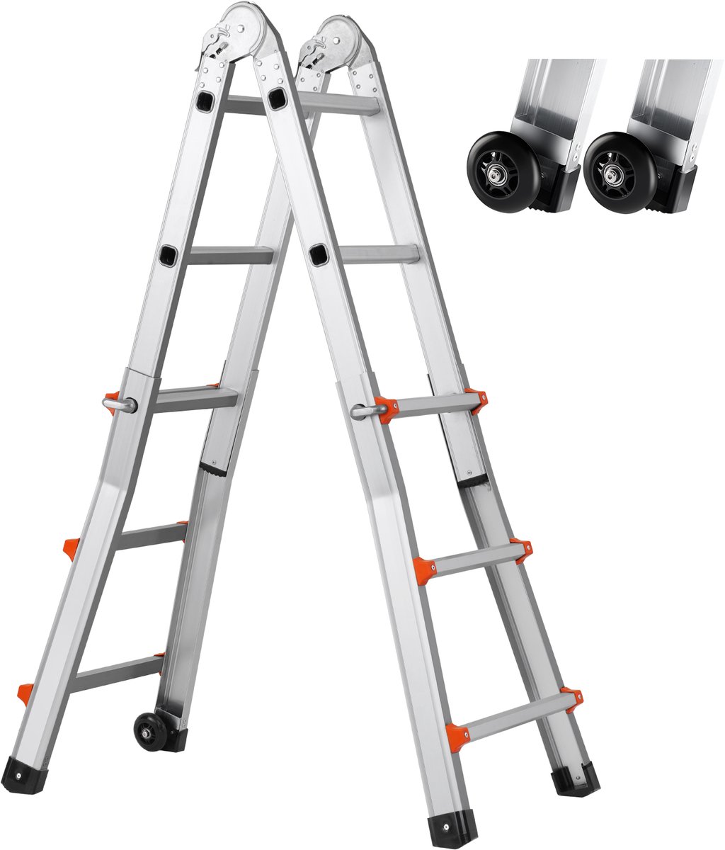 9.5 Ft Telescopische Ladder Met A-Frame, Compacte Aluminium Uitschuifbare Ladder, Multifunctionele Opvouwbare Camperladder voor Thuis, Trappen, Binnen/Buiten, 150 Kg Draagvermogen, Zilver