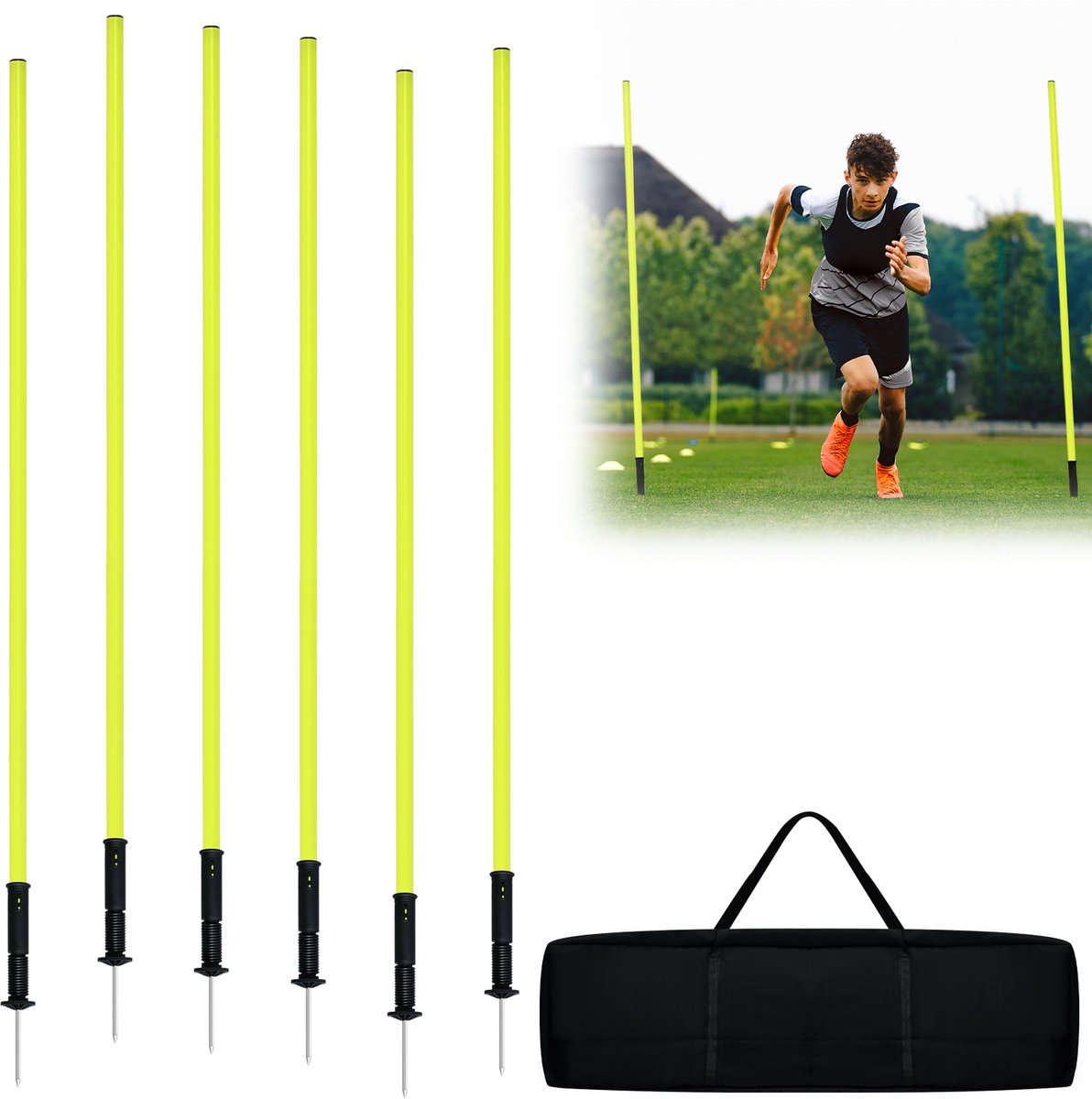 Aufun Slalom Stokken Set Van 6 Slalom Stokken Voetbal Training Accessoires Hindernis Stokken Behendigheid Stokken Set Voor Honden Trainingsstokken Met Grondpin En Draagtas, 1.5M