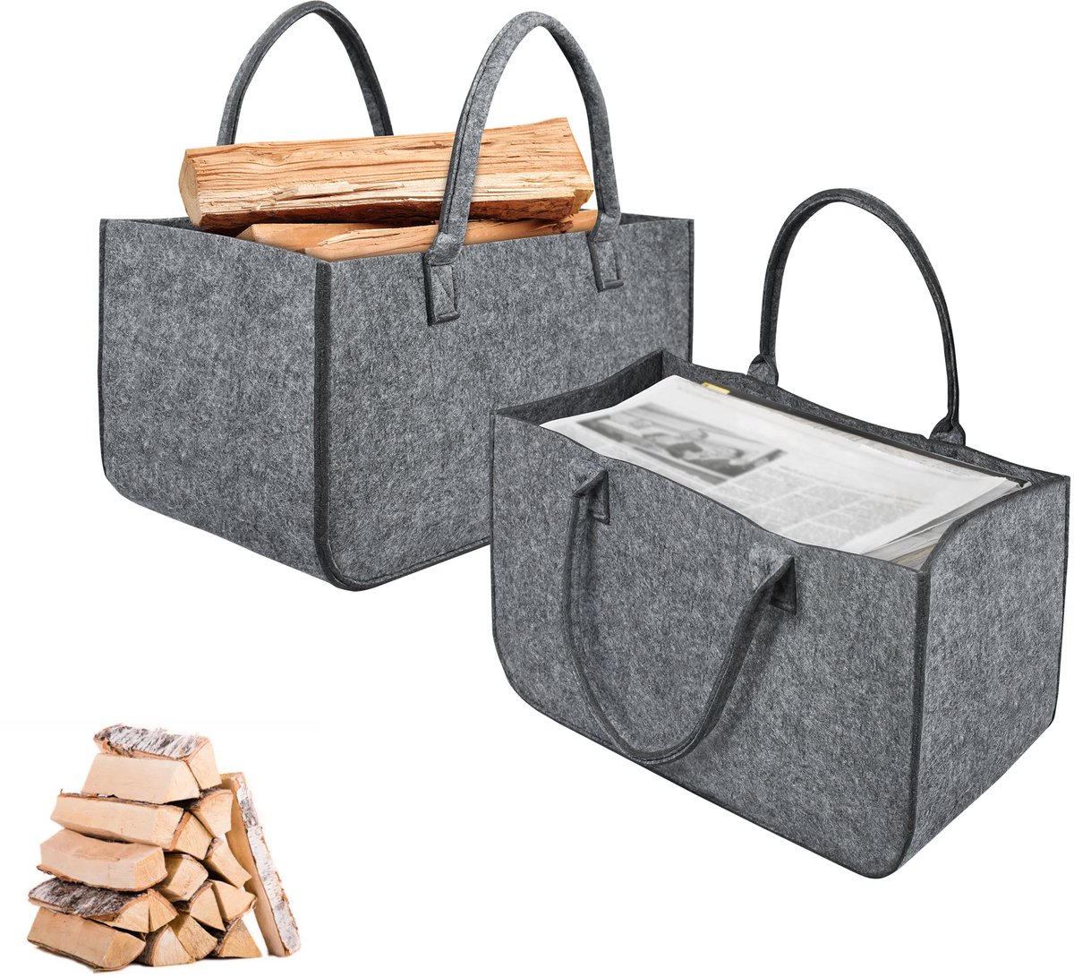 2 stuks vilten boodschappentas Verdikte haardhouttas met draaghengsels vilten tassen boodschappentas haardhoutmand vilt 50x25x25 cm (lichtgrijs)
