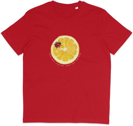 Rood T Shirt Dames en Heren - Grappige Citroen Lieveheersbeestje Print en Tekst - Biologisch Katoen