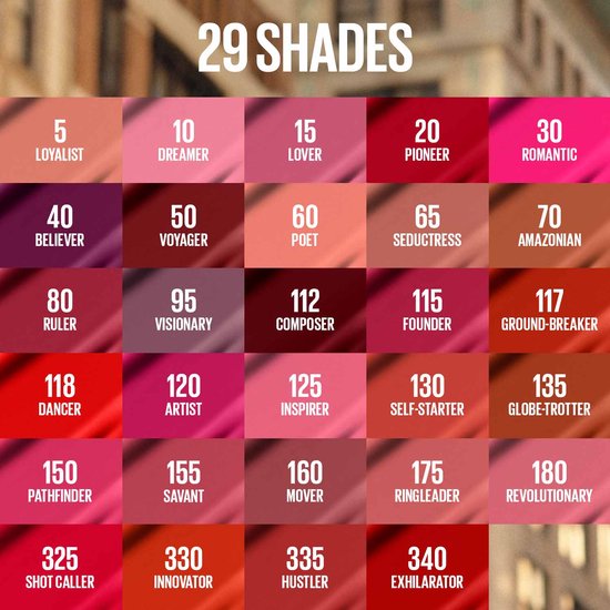 Overzicht van 29 tinten Maybelline SuperStay Matte Ink.