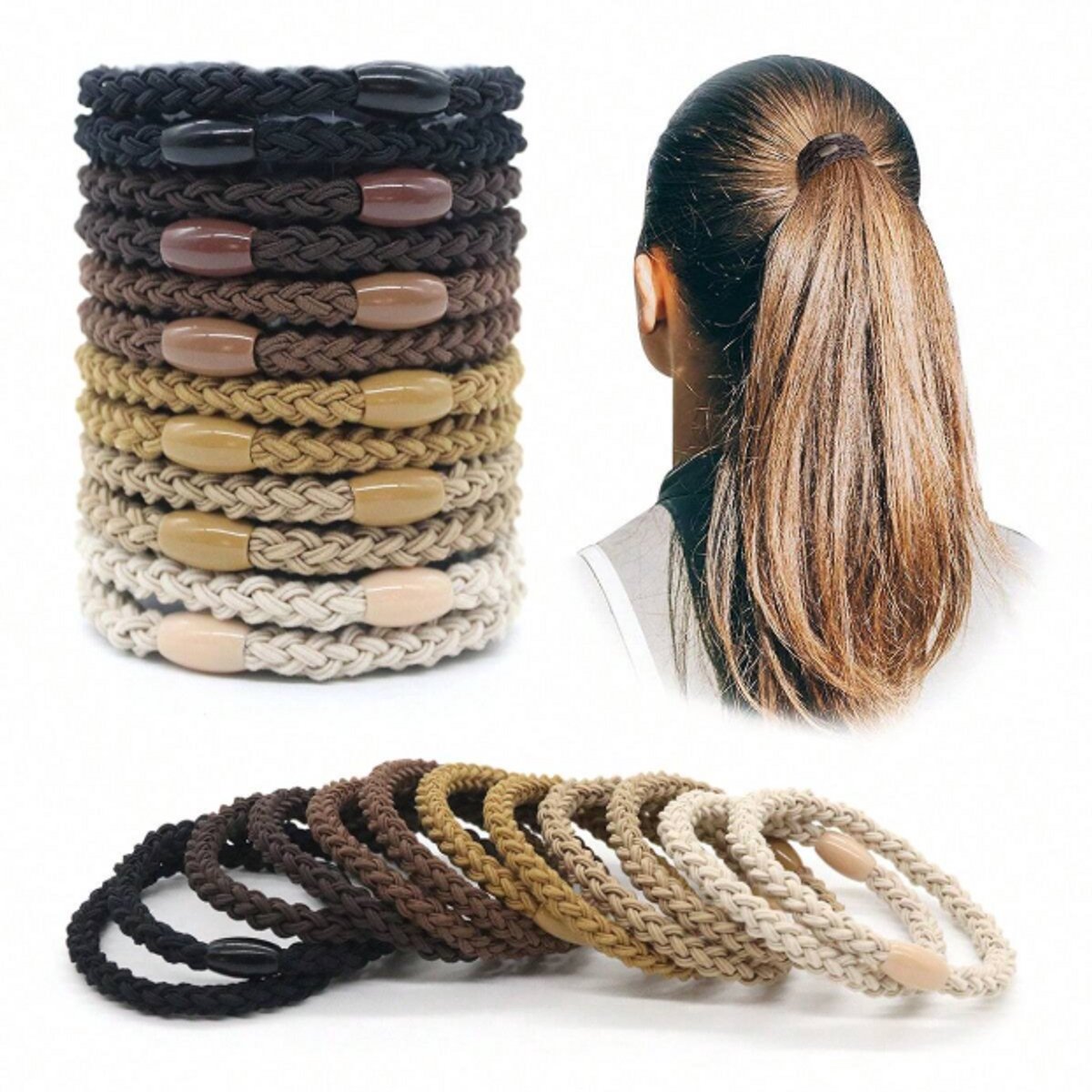 12 x Knekkie Haarelastiekjes met Kraaltje – Gevlochten Elastiek & Armband – Aardetinten — cadeau in Mode & Accessoires - foto 2