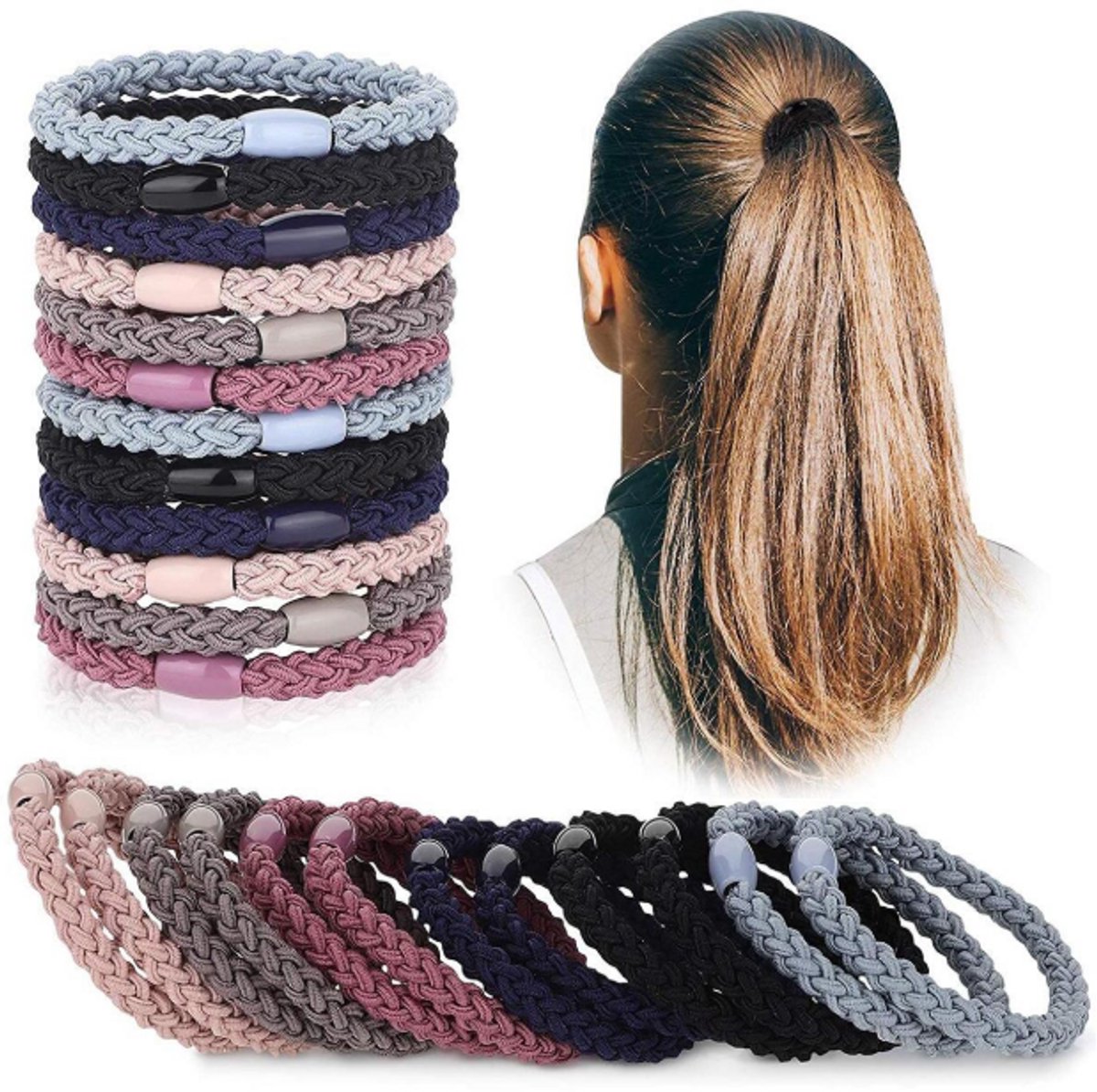 12 x Knekkie Haarelastiekjes met Kraaltje – Gevlochten Elastiek & Armband – Pasteltinten — cadeau in Mode & Accessoires - foto 2