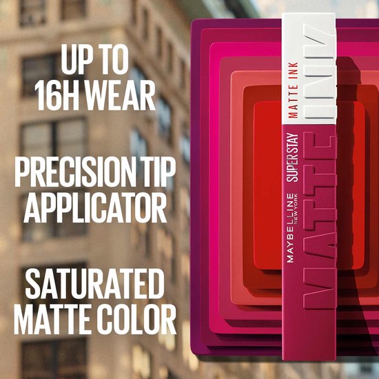 Verpakking van Maybelline SuperStay Matte Ink met tekst 'SATURATED MATTE COLOR'.