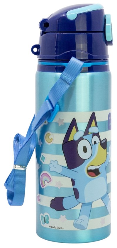 Lichtblauwe drinkfles met horizontale strepen, afbeelding van Bingo en decoratieve sterren.
