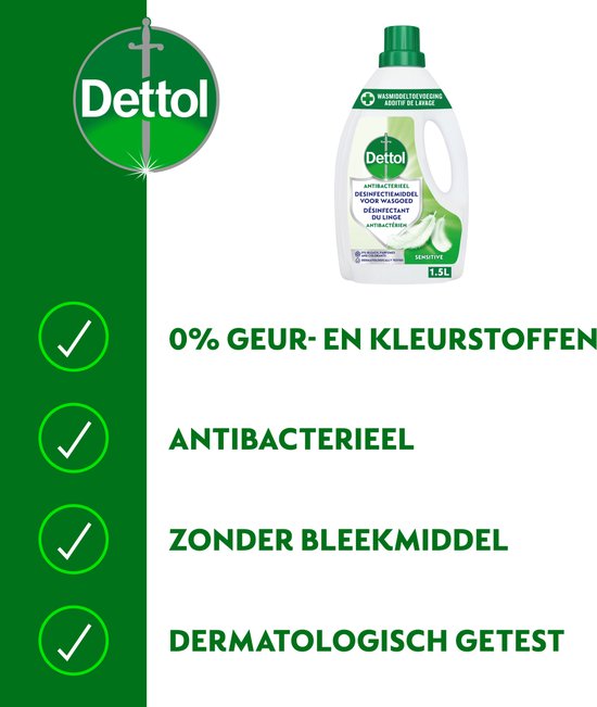 Lessive antibactérienne Dettol sensitive sans parfum ni colorant, sans javel, testée dermatologiquement.