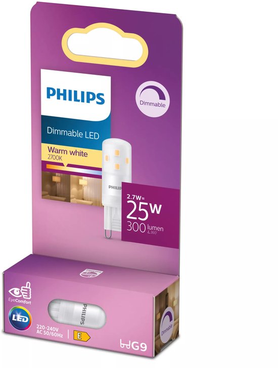 Verpakking van een Philips dimbare LED-lamp, warm wit licht, 2700K, 2.7W=25W, 300 lumen, G9.