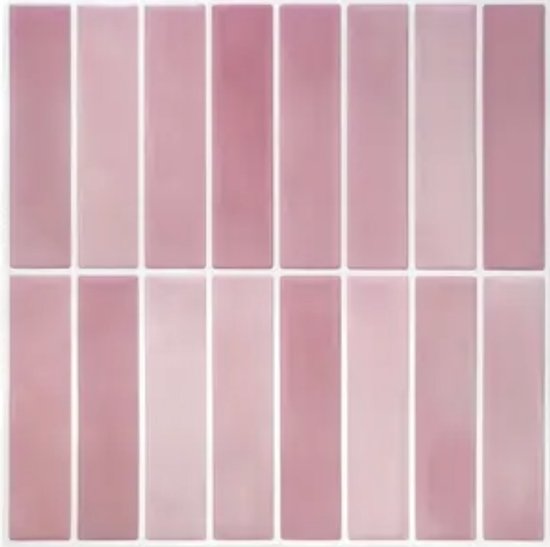 Pile de carreaux roses, 2 rangées de 9 carreaux rectangulaires verticaux dans différentes nuances de rose.