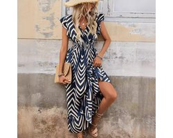 Elegante zomerjurk voor dames, korte mouwen, lange jurk, V-hals wikkeljurk, hoge taille, ruches, maxi-jurk, feestjurken Donkerblauw XL