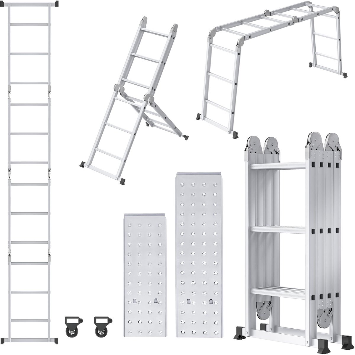 Aufun 6-in-1 multifunctionele vouwladder - Aluminium met platform - 3.4 m - Draagvermogen 150 kg - 4x3 treden met 2 steigerplaten