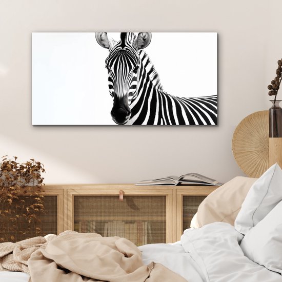 Aluminium schilderij 80x40 cm - Wanddecoratie metaal - Zebra - Close-up - Zwart - Strepen - Metalen muurdecoratie woonkamer - Decoratie industrieel - Foto op dibond - Industriële accessoires slaapkamer