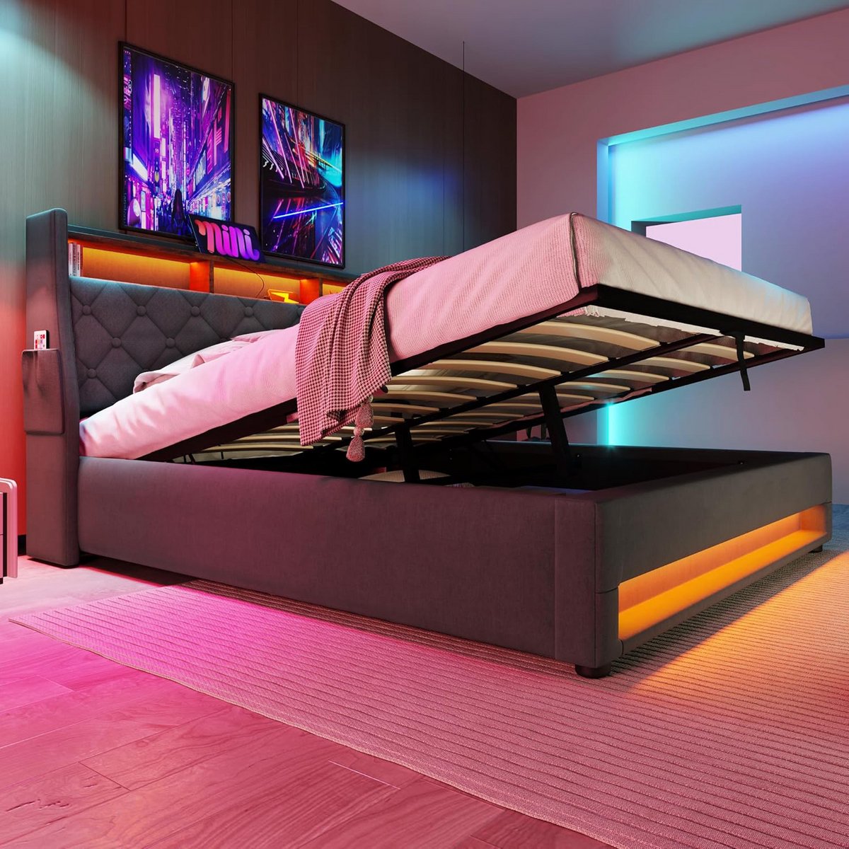 Linnen Linnen Gestoffeerd Opbergbed 160x200 cm - afbeelding 4