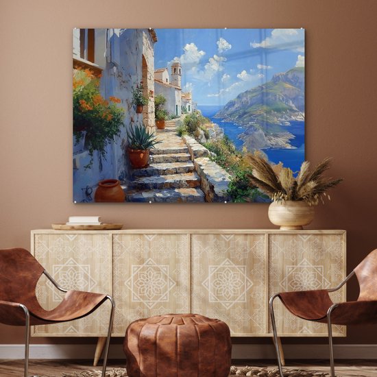 MuchoWow® Glasschilderij 120x90 cm - Schilderij acrylglas - Trap - Huizen - Berglandschap - Zee - Foto op glas - Muurdecoratie woonkamer - Wanddecoratie slaapkamer - Schilderijen