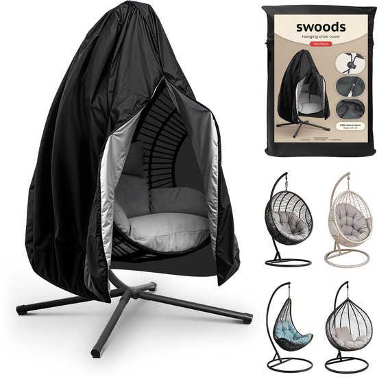 Zwarte hangstoelhoes van Swoods van 210D Oxford stof, 190x115cm, met opbergtas en verschillende hangstoelen.