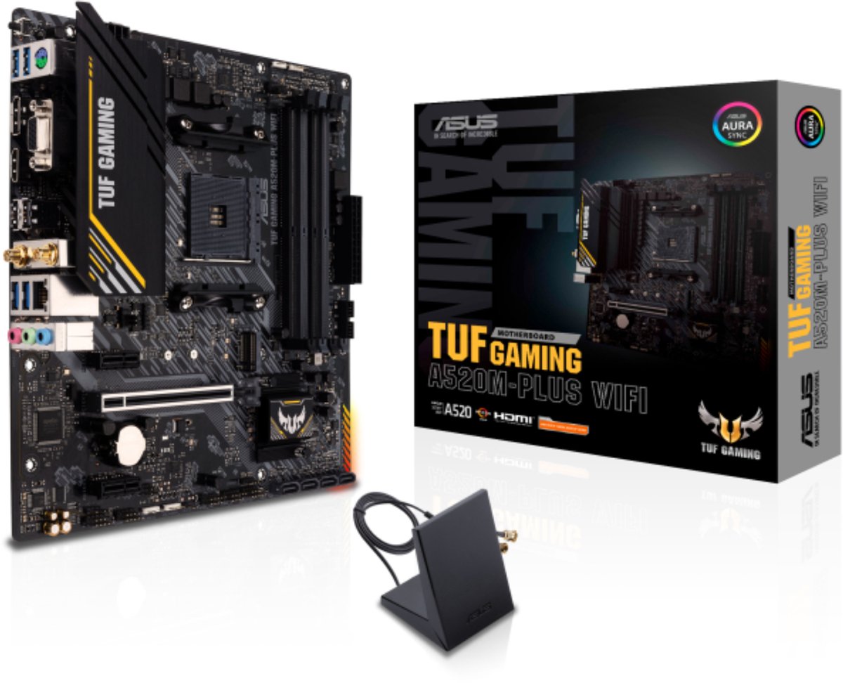 ASUS TUF GAMING A520M-PLUS WIFI, socket AM4 moederbord RAID, Gb-LAN, WiFi 5, BT, Sound, µATX