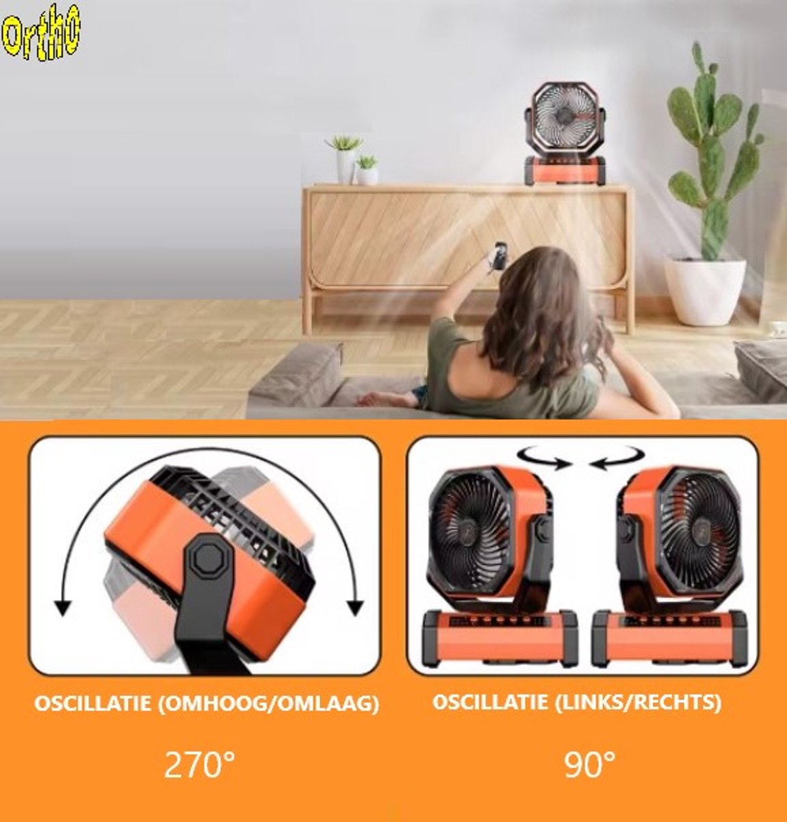 Ortho® - Draagbare ventilator - Grote Batterijcapaciteit - Ventilator staand - Tafel ventilator - Camping ventilator - Ventilator lamp - Draagbaar - Met afstandsbediening - Oranje thumbnail 4