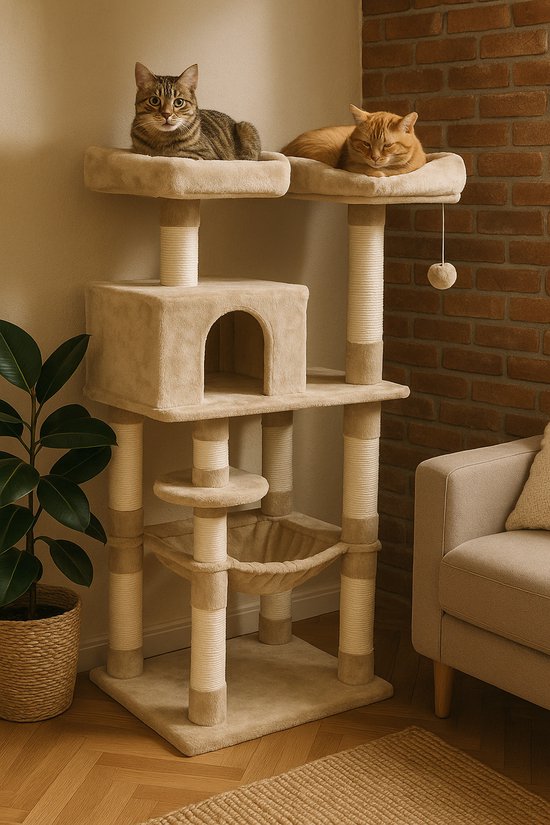 FEANDREA Arbre à chat 143 cm - 2 plates-formes d'observation douillettes - beige PCT15BE